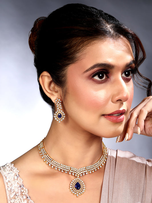 Gold Plating Cz American Diamond Necklace Set  With Dangle Earring