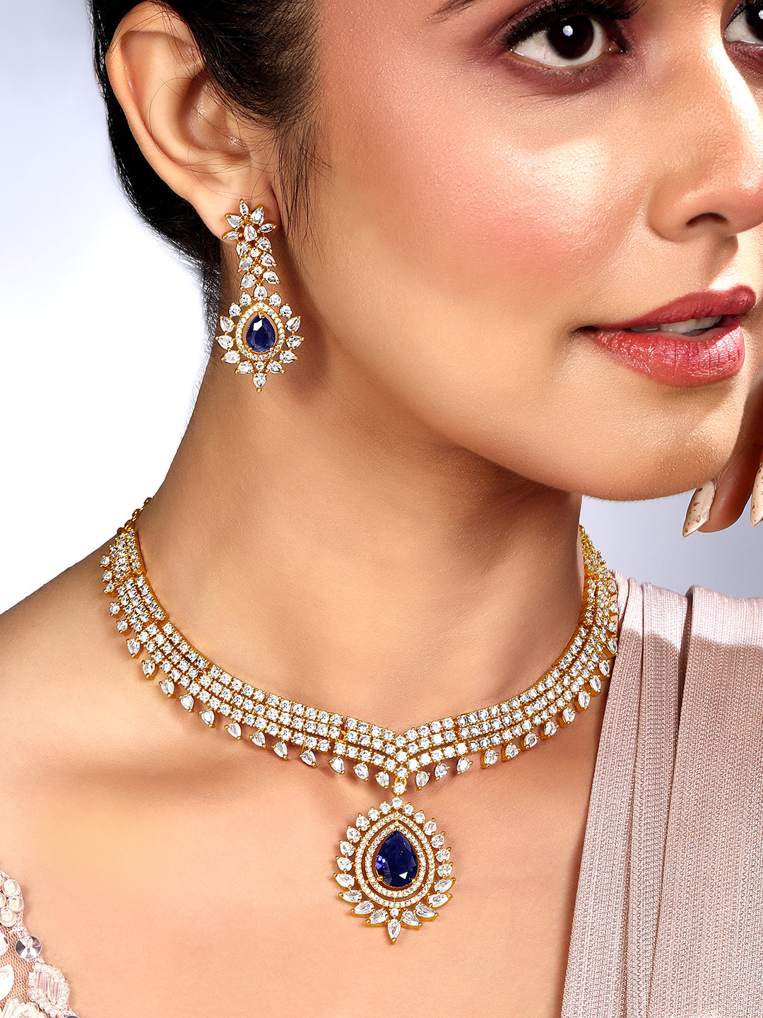 Gold Plating Cz American Diamond Necklace Set  With Dangle Earring