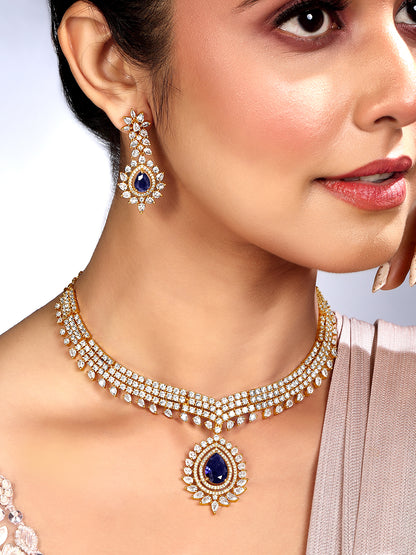 Gold Plating Cz American Diamond Necklace Set  With Dangle Earring