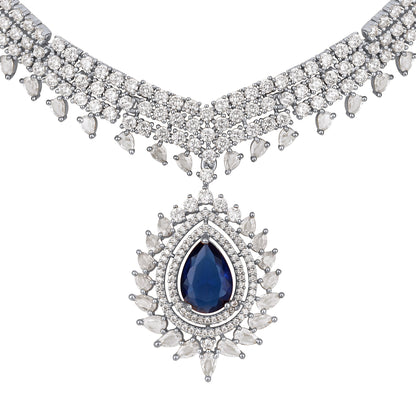 Rhodium  Plating Cz American Diamond Necklace Set  With Dangle Earring