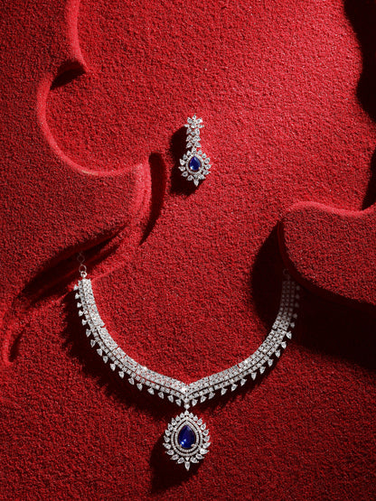 Rhodium  Plating Cz American Diamond Necklace Set  With Dangle Earring