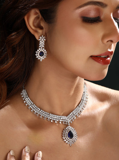 Rhodium  Plating Cz American Diamond Necklace Set  With Dangle Earring