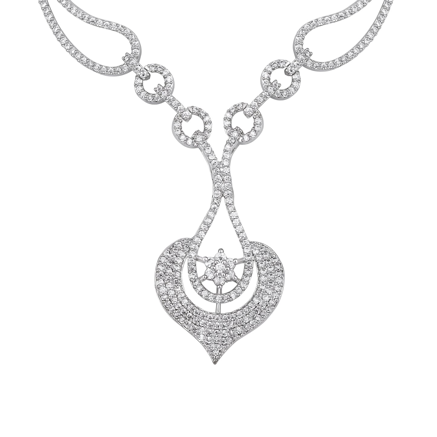 Rhodium  Plating Cubic Zirconia Necklace Set  With Dangle Earring