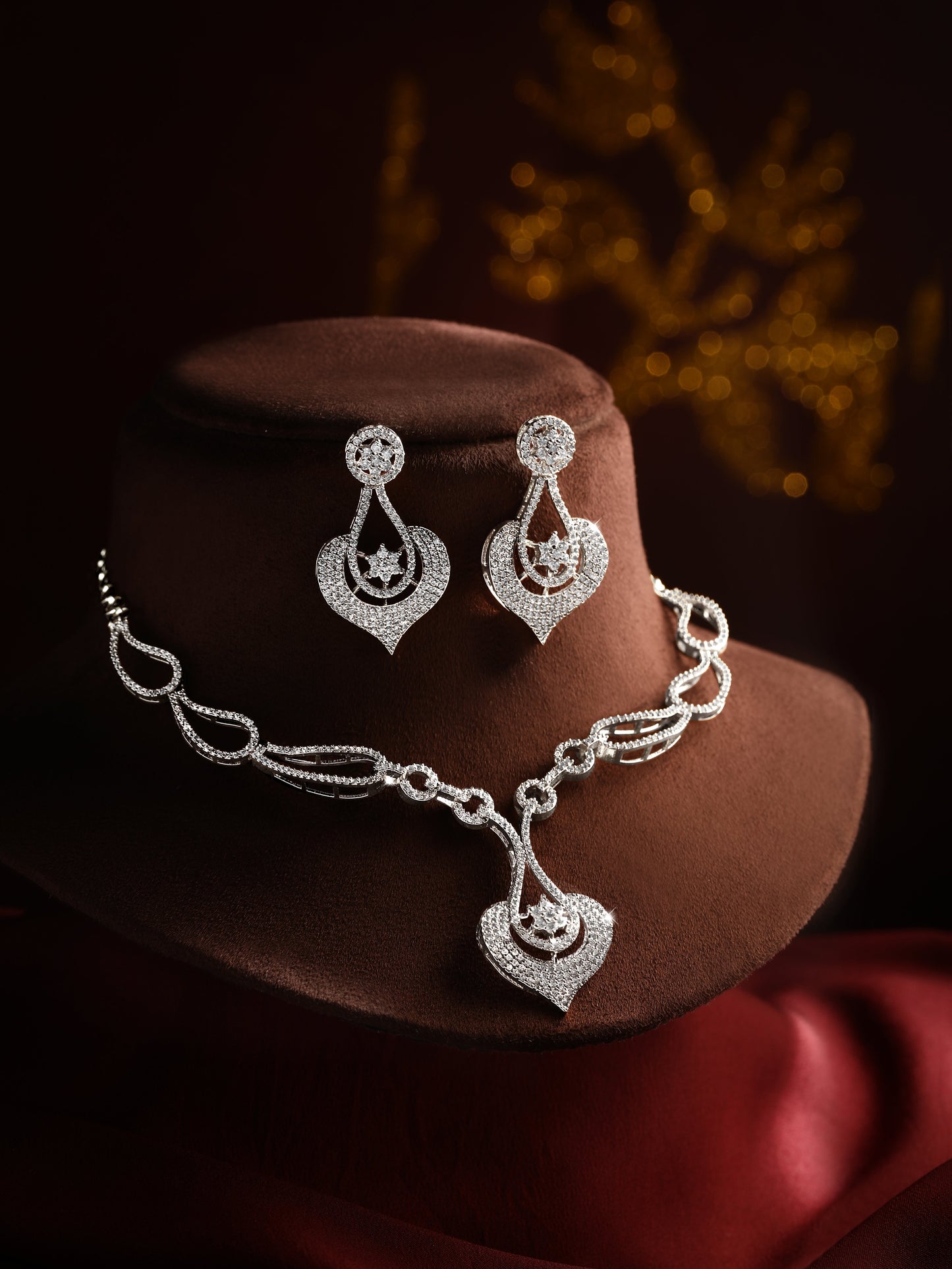 Rhodium  Plating Cubic Zirconia Necklace Set  With Dangle Earring