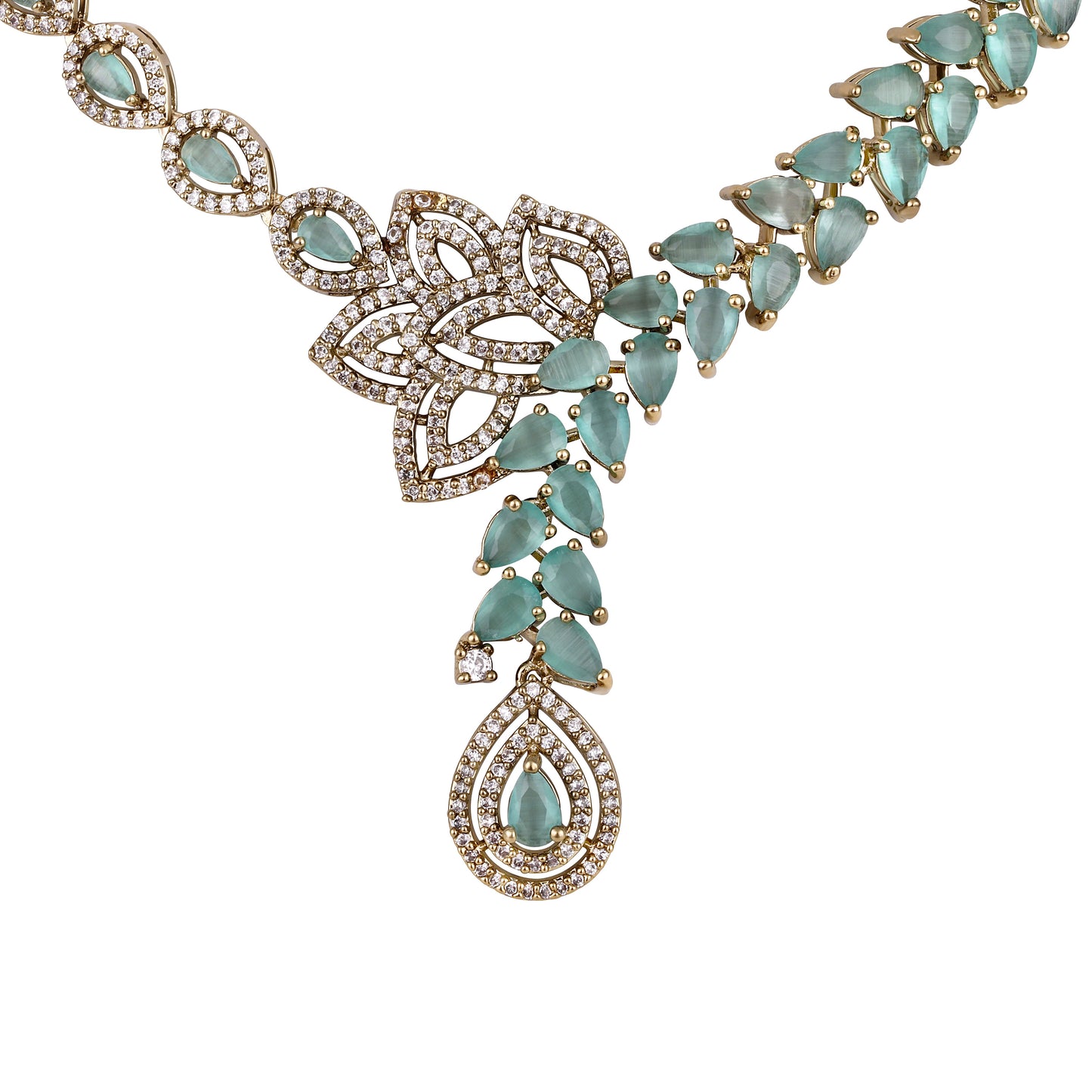 Rhodium Mehandi Plating Cz American Diamond Necklace Set  With Dangle Earring