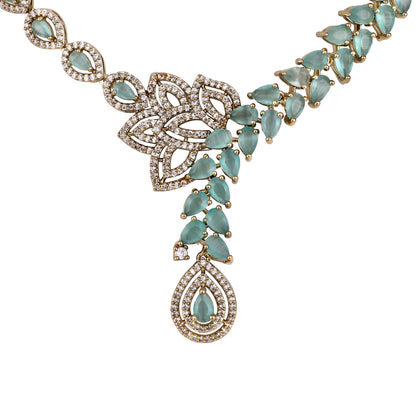 Rhodium Mehandi Plating Cz American Diamond Necklace Set  With Dangle Earring