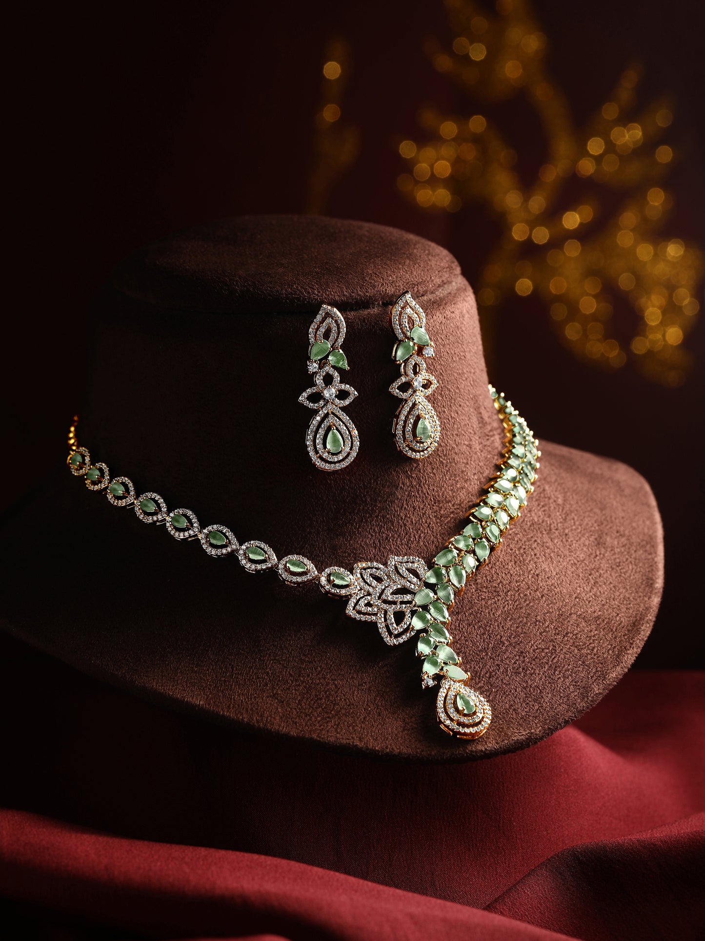 Rhodium Mehandi Plating Cz American Diamond Necklace Set  With Dangle Earring