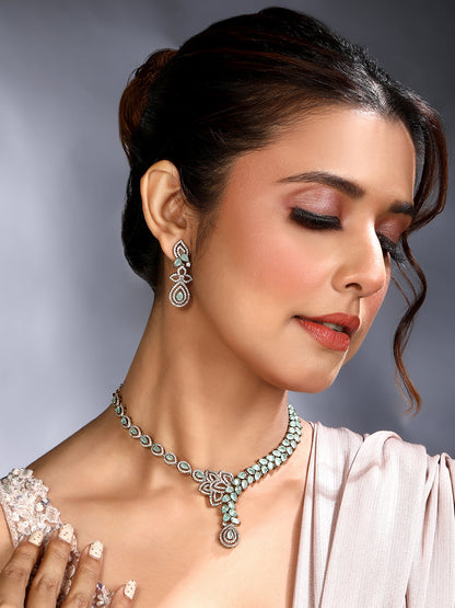 Rhodium Mehandi Plating Cz American Diamond Necklace Set  With Dangle Earring