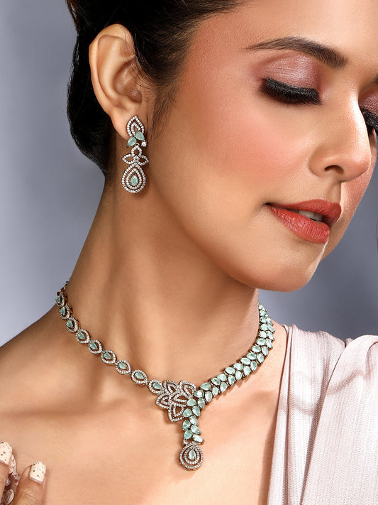 Rhodium Mehandi Plating Cz American Diamond Necklace Set  With Dangle Earring