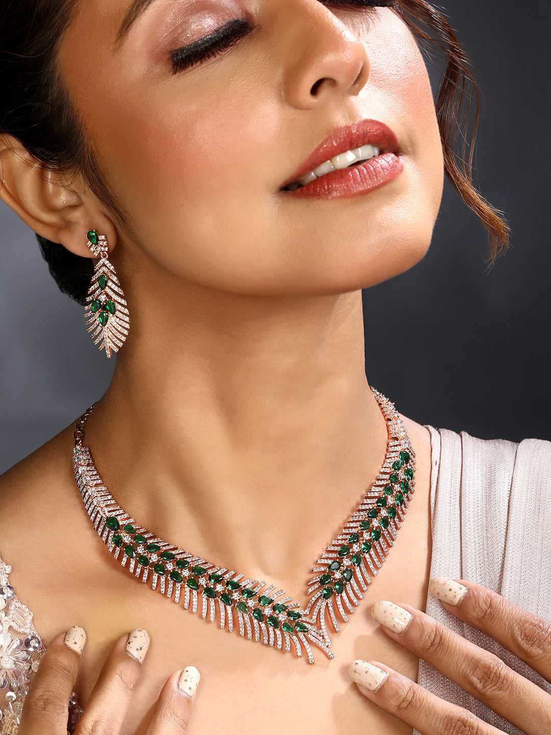 Carat Plating Cz American Diamond Necklace Set  With Dangle Earring