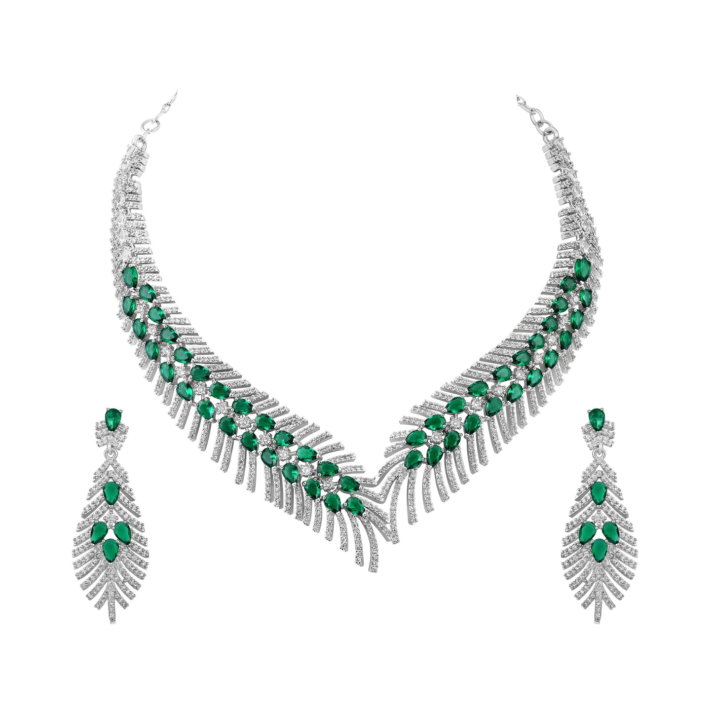 Elegant Rhodium-Plated Emerald Green Teardrop Necklace Set
