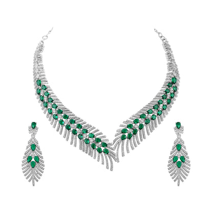 Elegant Rhodium-Plated Emerald Green Teardrop Necklace Set