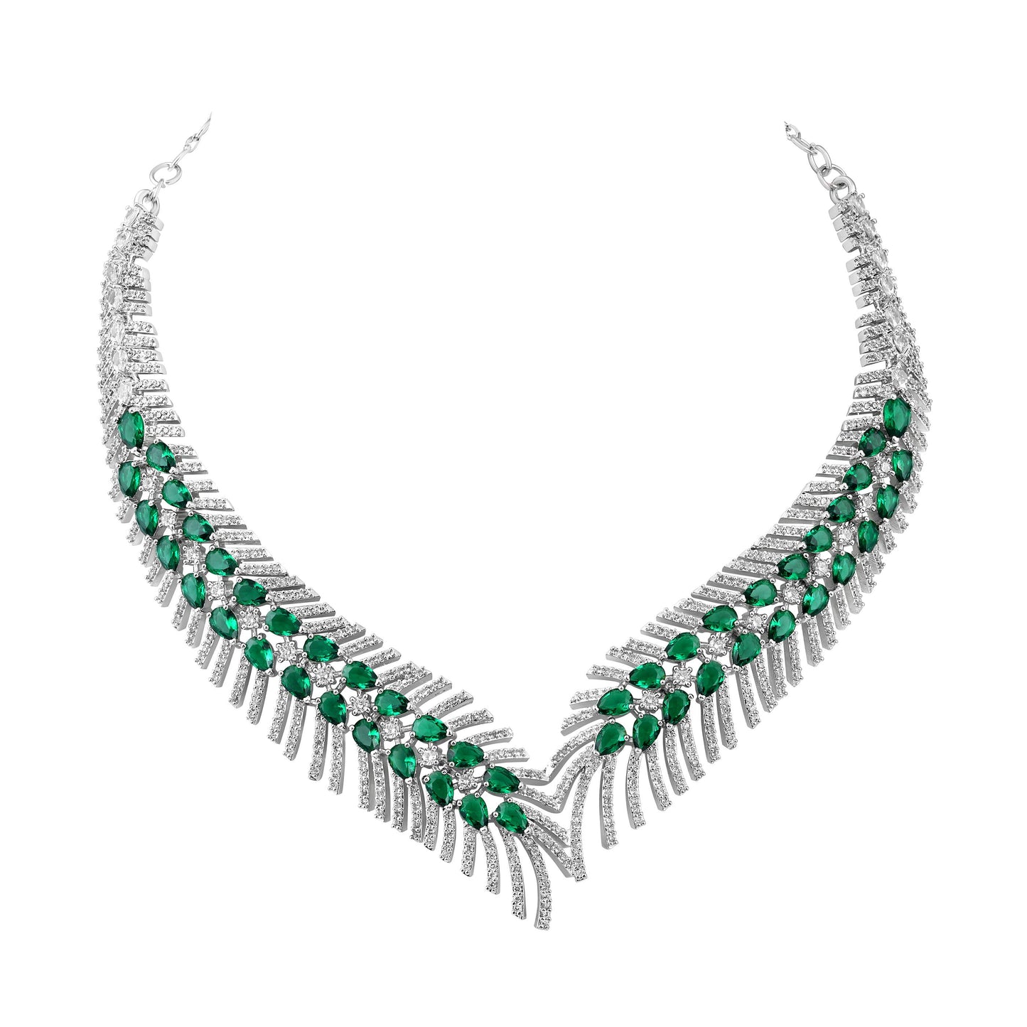 Elegant Rhodium-Plated Emerald Green Teardrop Necklace Set