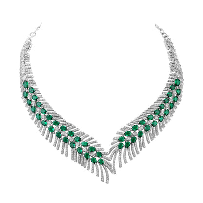 Elegant Rhodium-Plated Emerald Green Teardrop Necklace Set