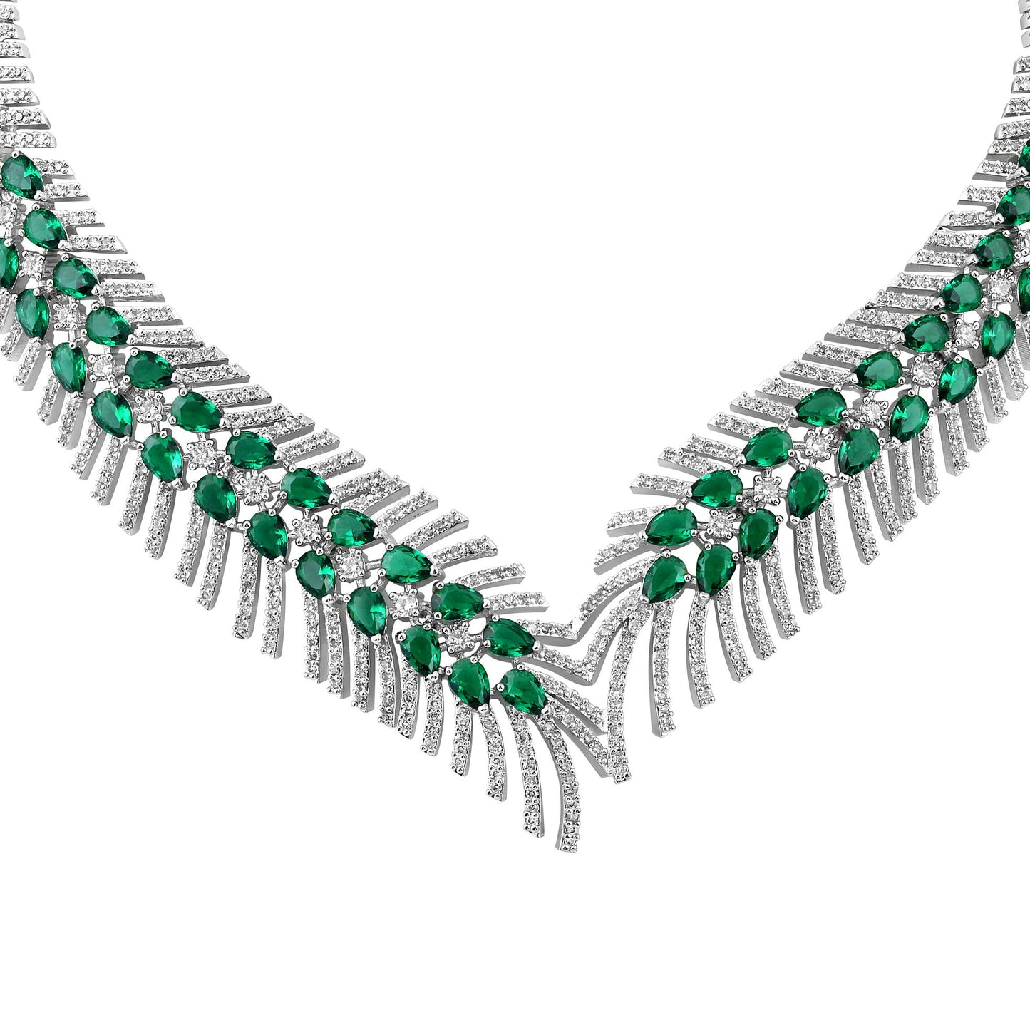 Elegant Rhodium-Plated Emerald Green Teardrop Necklace Set