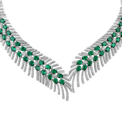 Elegant Rhodium-Plated Emerald Green Teardrop Necklace Set
