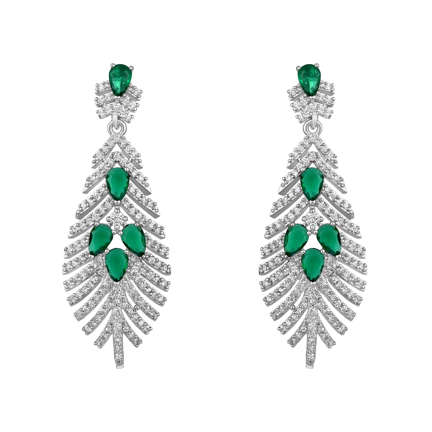 Elegant Rhodium-Plated Emerald Green Teardrop Necklace Set