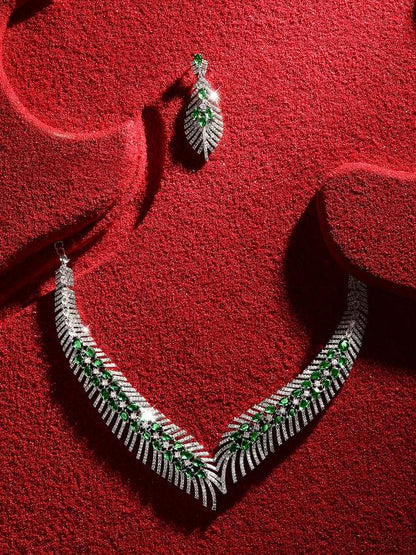 Elegant Rhodium-Plated Emerald Green Teardrop Necklace Set