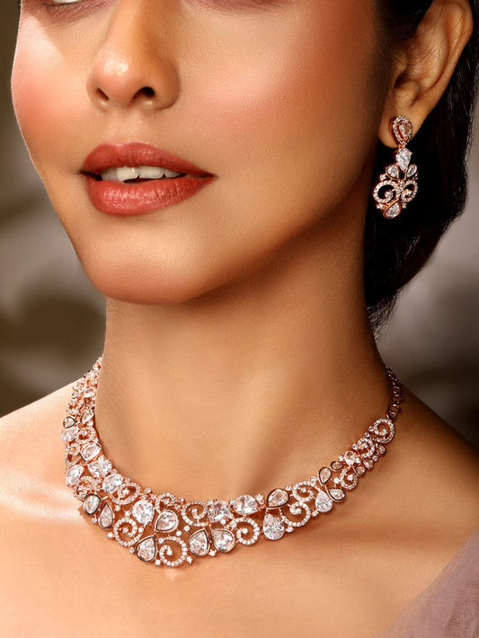 Carat Plating Cz American Diamond Necklace Set  With Dangle Earring