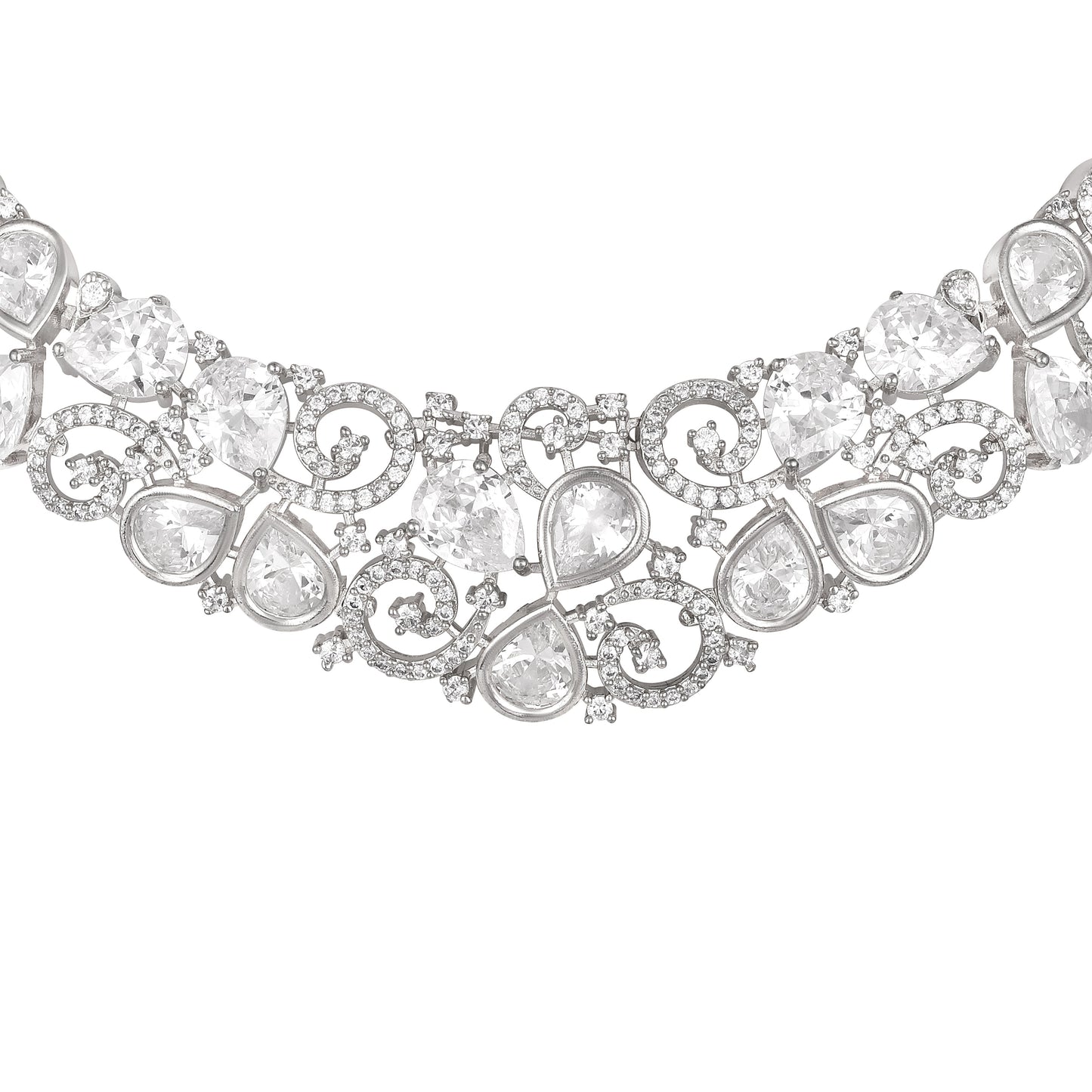 Rhodium  Plating Cz American Diamond Necklace Set  With Dangle Earring