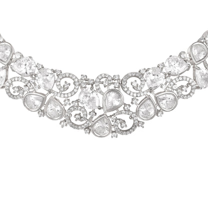 Rhodium  Plating Cz American Diamond Necklace Set  With Dangle Earring