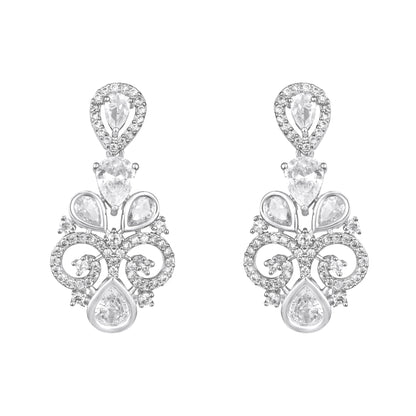 Rhodium  Plating Cz American Diamond Necklace Set  With Dangle Earring