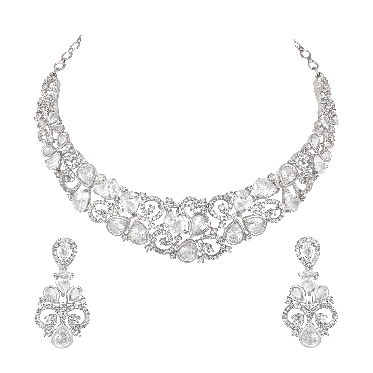 Rhodium  Plating Cz American Diamond Necklace Set  With Dangle Earring