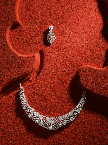 Rhodium  Plating Cz American Diamond Necklace Set  With Dangle Earring