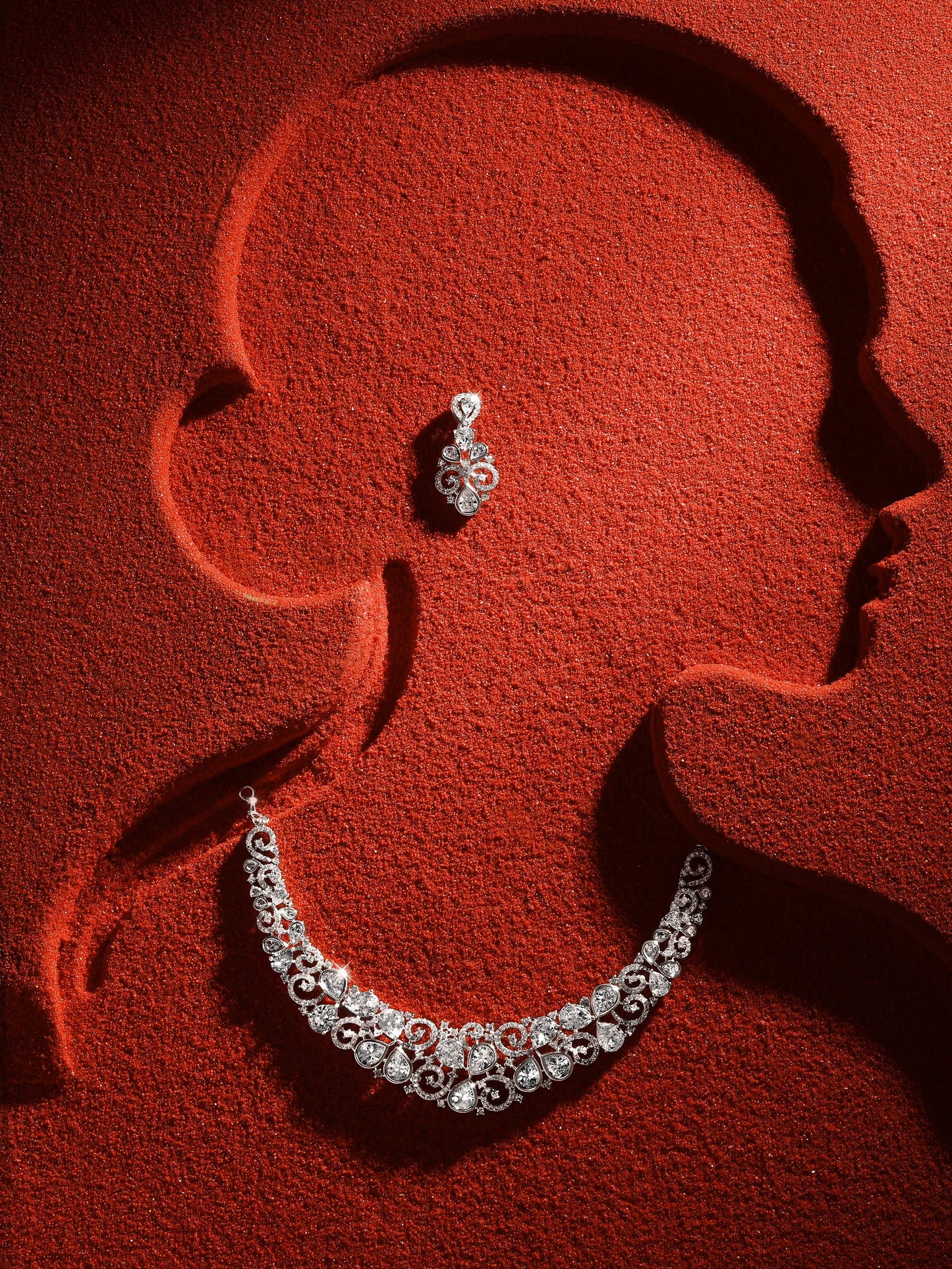 Rhodium  Plating Cz American Diamond Necklace Set  With Dangle Earring