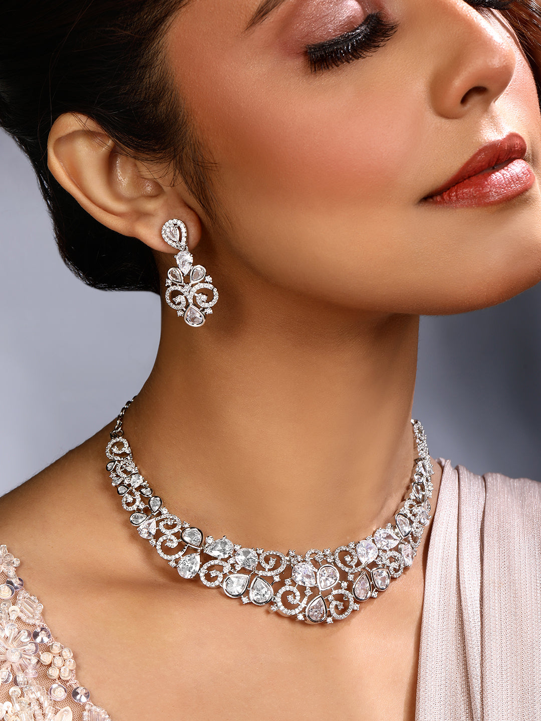 Rhodium  Plating Cz American Diamond Necklace Set  With Dangle Earring