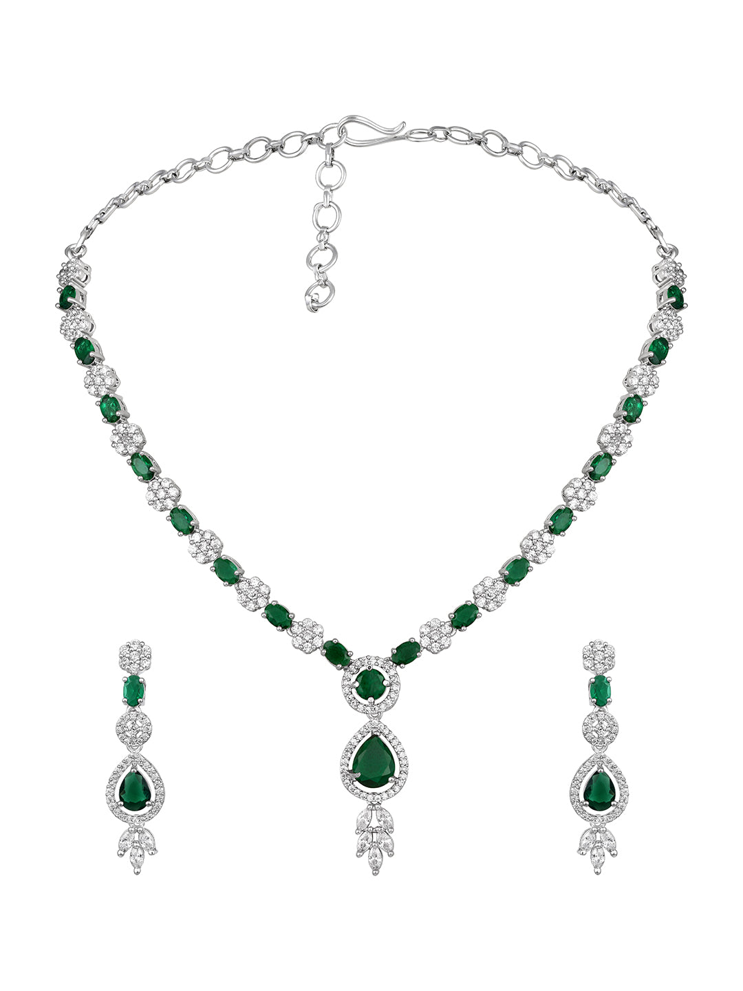 Silver-Plated Emerald & Diamond Cubic Zirconia Necklace Set