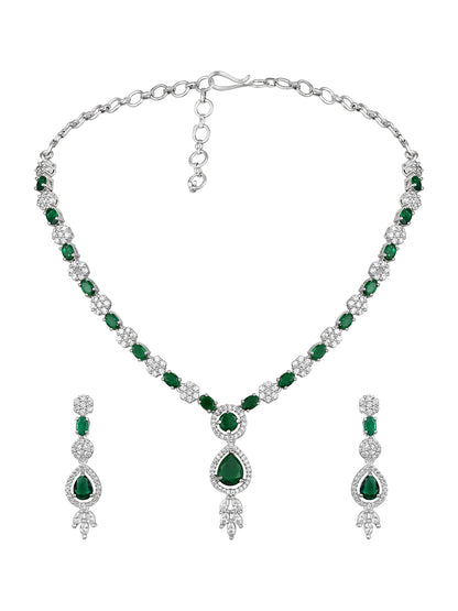 Silver-Plated Emerald & Diamond Cubic Zirconia Necklace Set