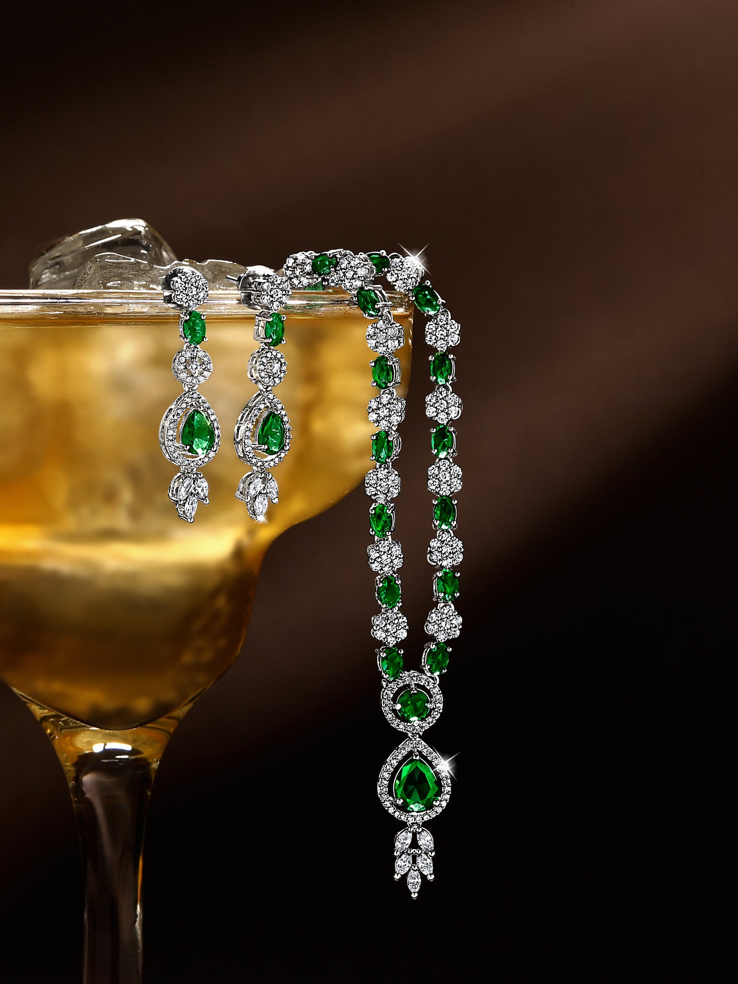 Silver-Plated Emerald & Diamond Cubic Zirconia Necklace Set