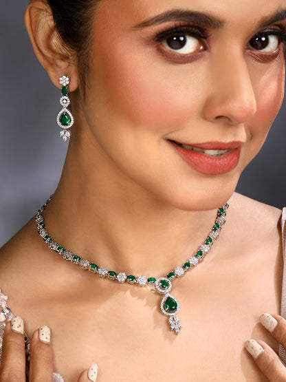 Silver-Plated Emerald & Diamond Cubic Zirconia Necklace Set
