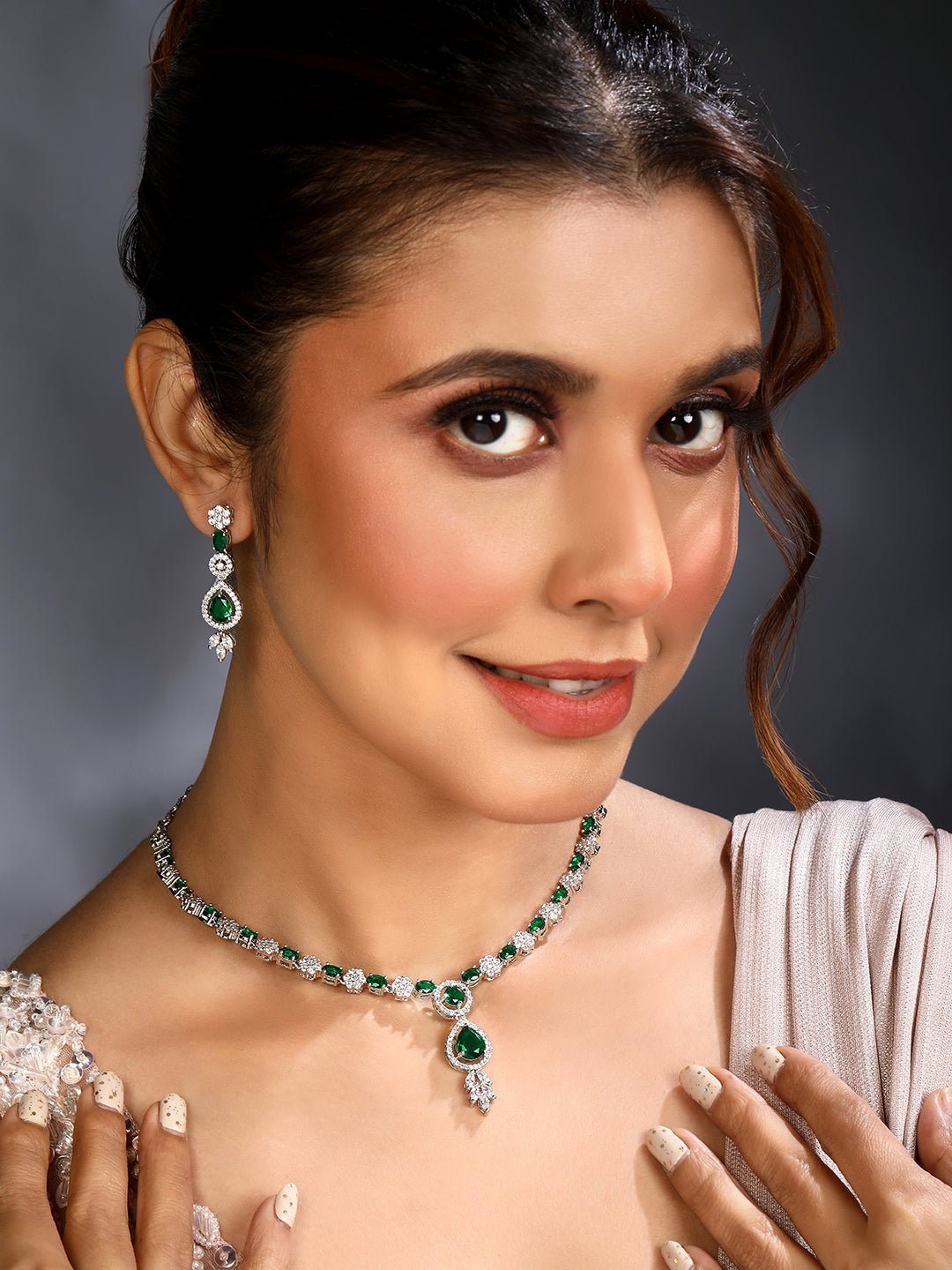 Silver-Plated Emerald & Diamond Cubic Zirconia Necklace Set