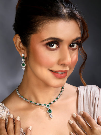 Silver-Plated Emerald & Diamond Cubic Zirconia Necklace Set