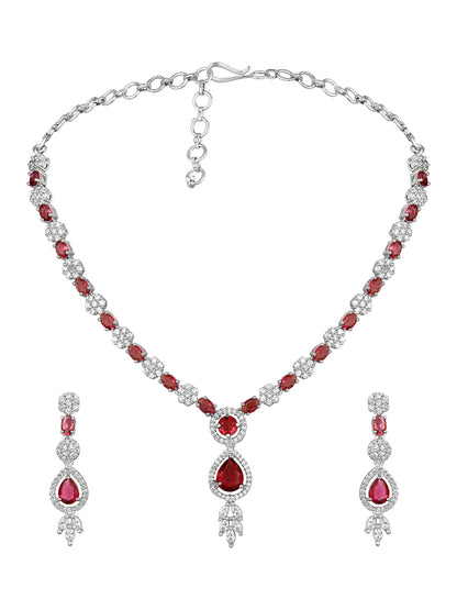 Elegant Ruby & Diamond-Studded Silver-Plated Necklace Set