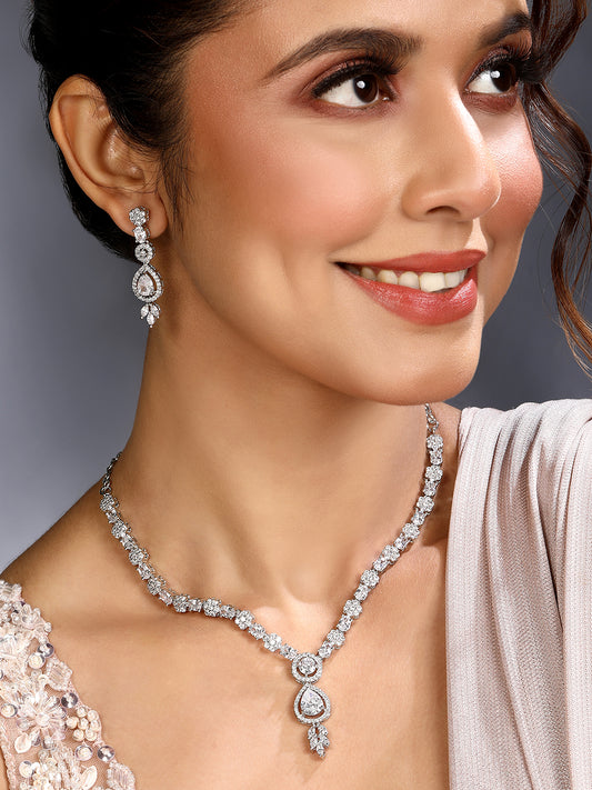 Silver-Plated Cubic Zirconia Necklace Set with Drop Earrings