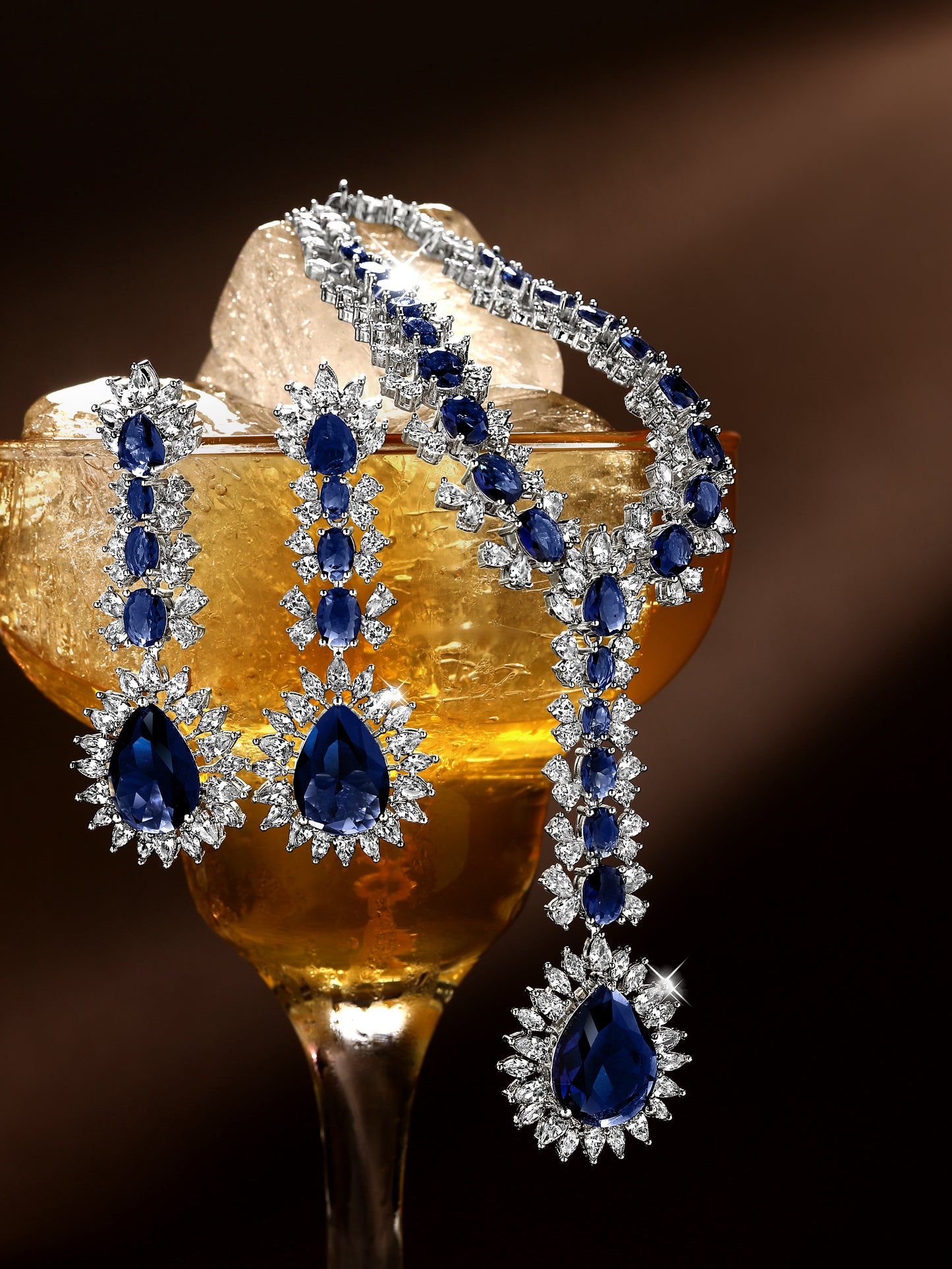 Asmitta Elegant Blue Sapphire & Cubic Zirconia Rhodium-Plated Necklace Set