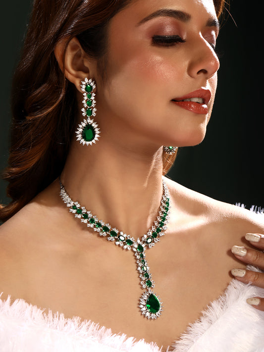 Emerald Green & White Stone Necklace Set