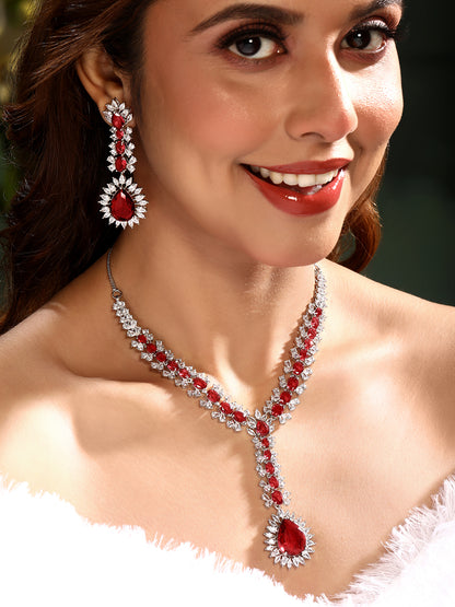 Asmitta Gorgeous Ruby & White Stone Studded V-Shape Necklace Set