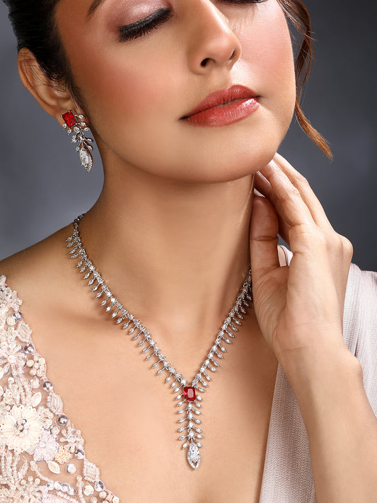 Asmitta Elegant Red Stone & White American Diamond Silver-Tone Jewellery Set