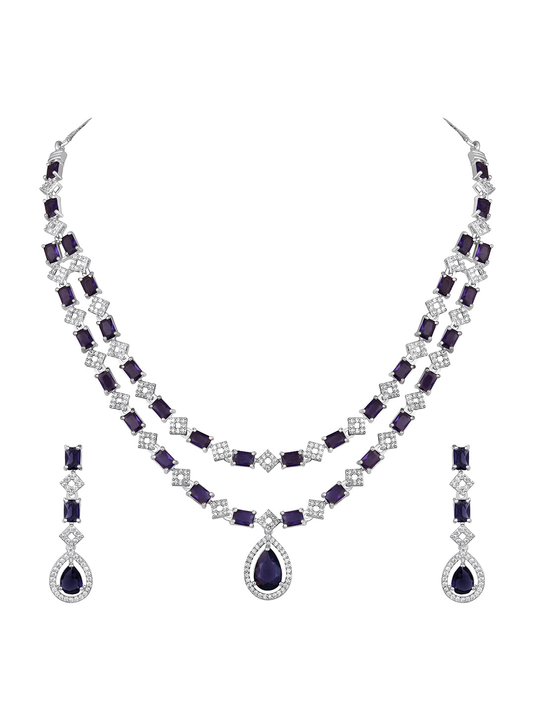 Silver-Plated Purple Stone American Diamond Layered Necklace Set for Women