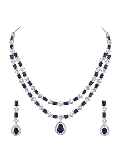 Silver-Plated Purple Stone American Diamond Layered Necklace Set for Women