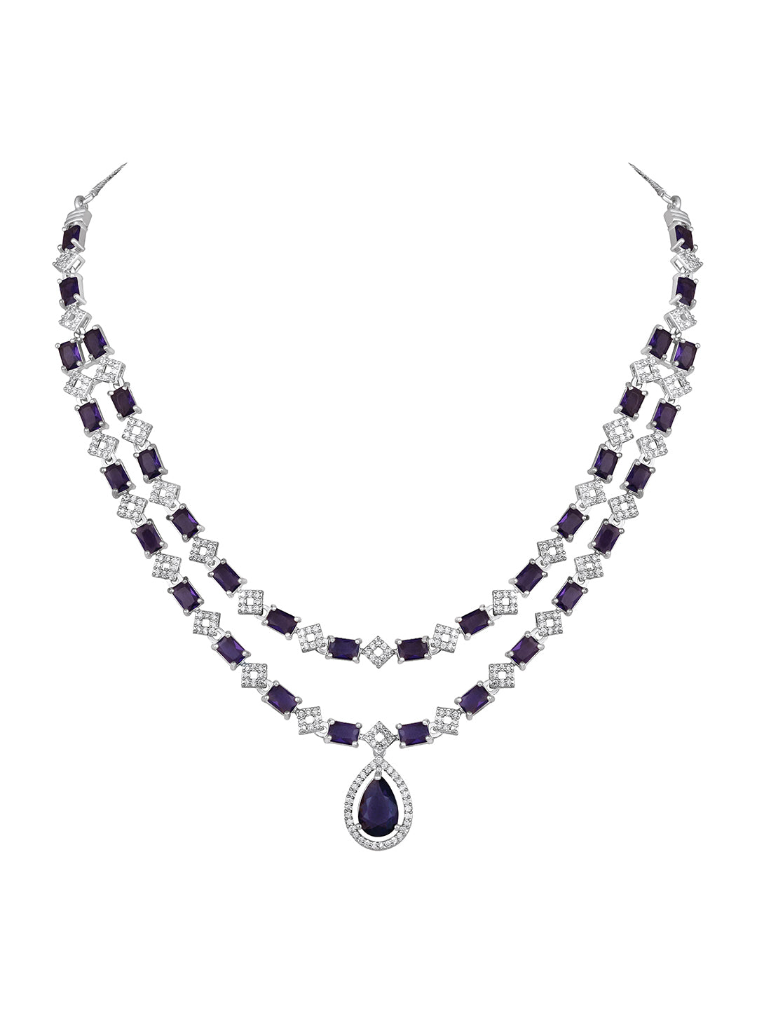 Silver-Plated Purple Stone American Diamond Layered Necklace Set for Women