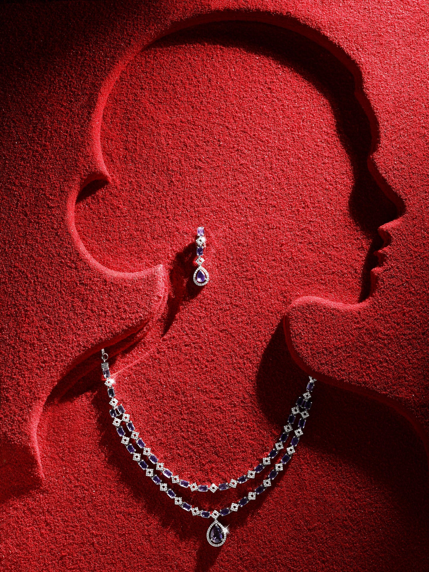 Silver-Plated Purple Stone American Diamond Layered Necklace Set for Women