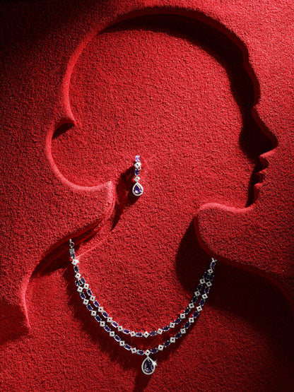 Silver-Plated Purple Stone American Diamond Layered Necklace Set for Women