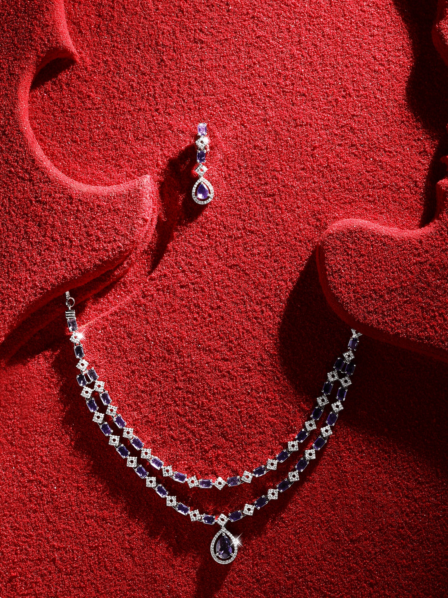 Silver-Plated Purple Stone American Diamond Layered Necklace Set for Women