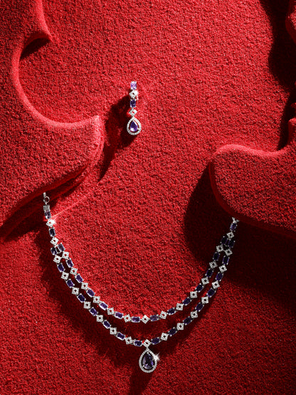 Silver-Plated Purple Stone American Diamond Layered Necklace Set for Women