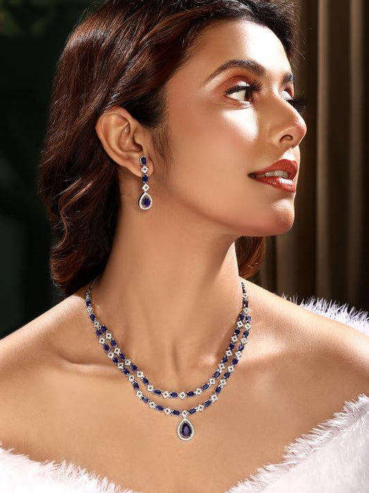 Silver-Plated Purple Stone American Diamond Layered Necklace Set for Women